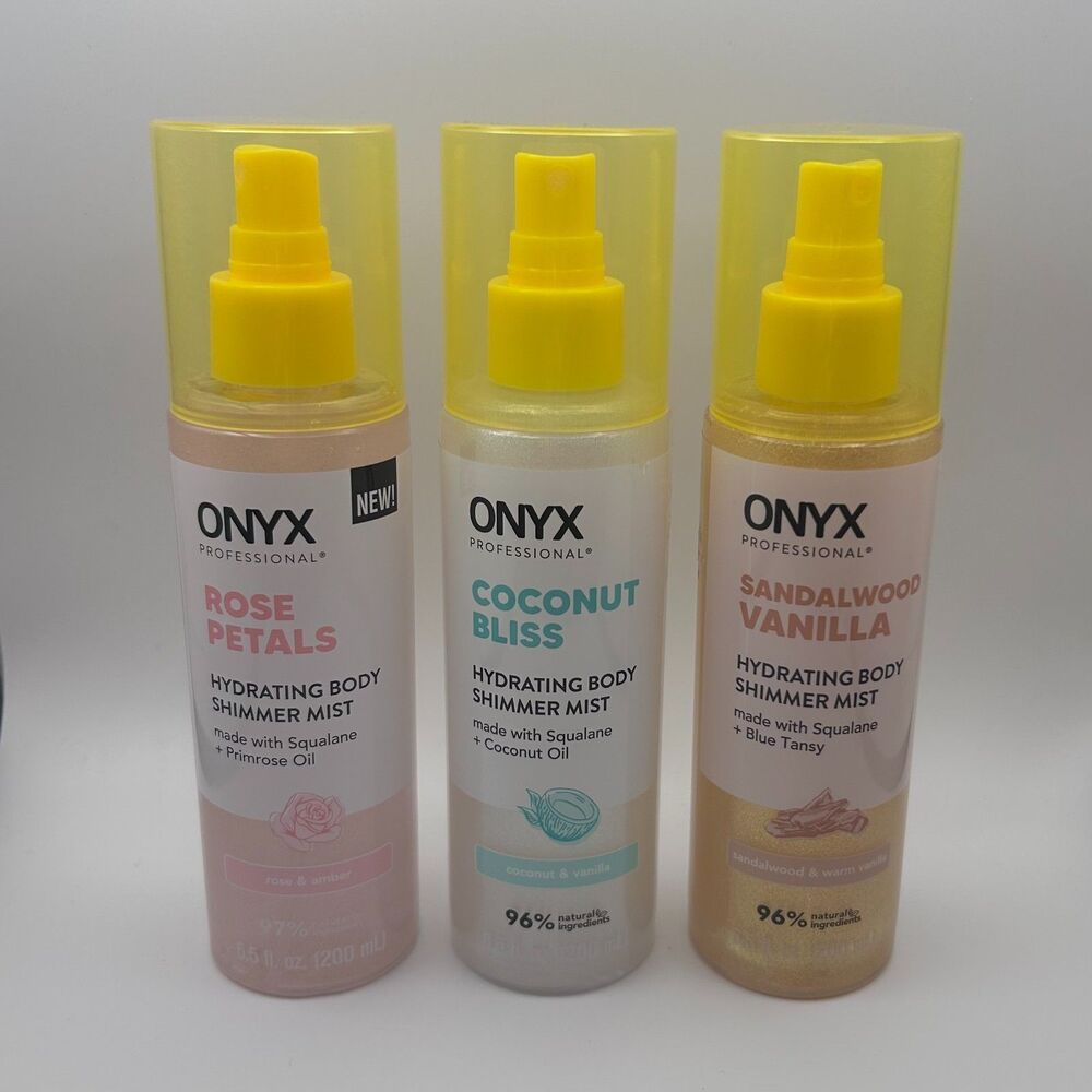 3 Onyx Professional Hydrating Body Shimmer Mists Rose Coconut Sandalwood Vanilla